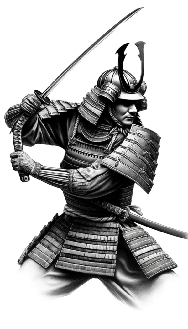 DALL·E 2024-06-10 20.25.02 – A pencil sketch of a samurai warrior in full armor, wielding a katana with precision and grace. The sketch captures the samurai’s disciplined stance,