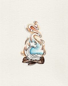 flames and waves entangled in circular form, colored in blue and orange over wood logs