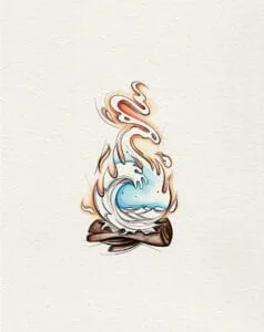 flames and waves entangled in circular form, colored in blue and orange over wood logs