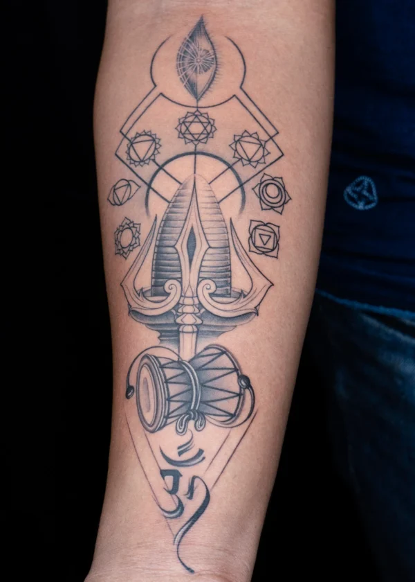 Spiritual Chakra Tattoo with Trishul and Damaru Trishul and chakra tattoo with damaru in sacred geometry