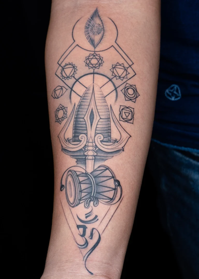 Trishul and chakra tattoo with damaru in sacred geometry