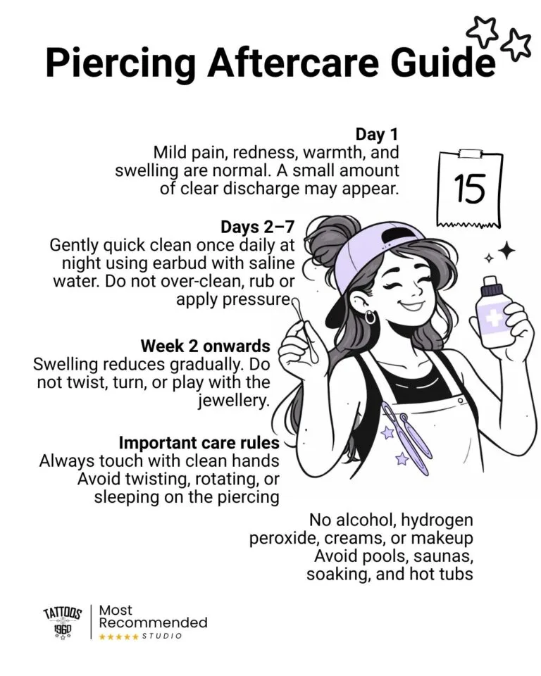 Essential aftercare tips for piercings including cleaning and swelling management. Tattoos1960 Pune.